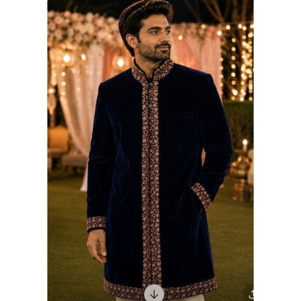 Men's Royal Navy Blue Velvet Sherwani / Indo-Western Achkan Wedding Groomwear
